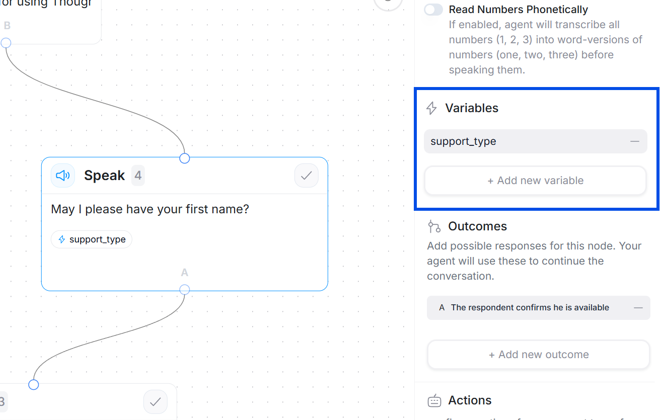 Variables panel in the Agent Builder
