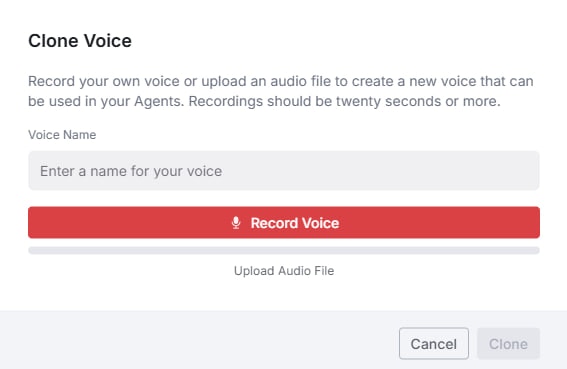 Voice cloning modal with recording controls and requirements
