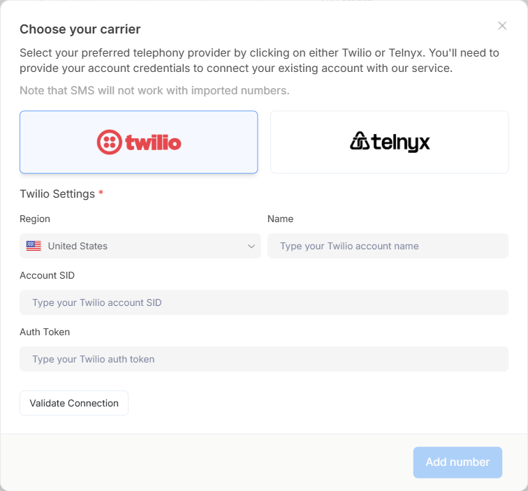 Carrier selection and credentials form