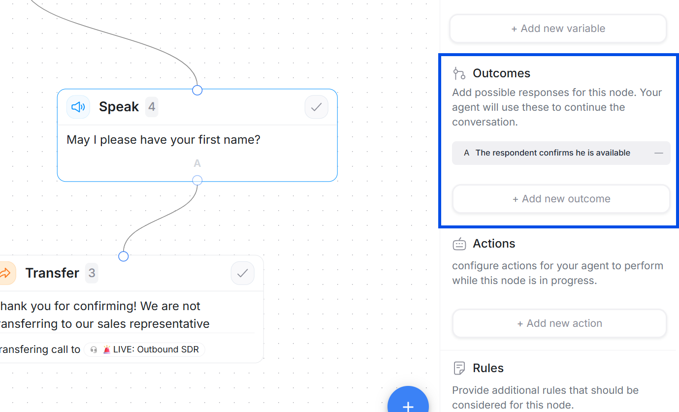 Outcome configuration panel