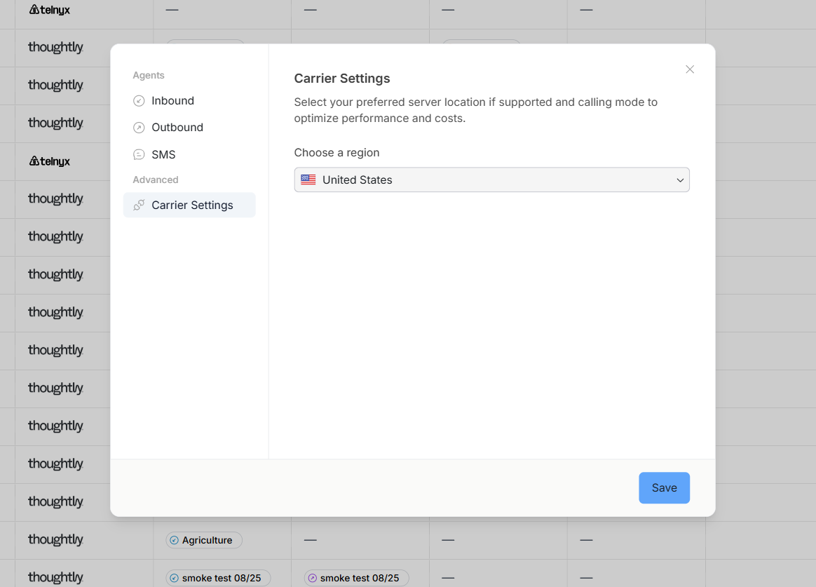 Region selection dropdown in the edit modal