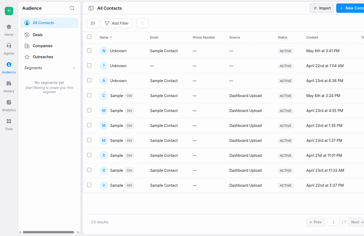 Thoughtly Audiences table with contact filters