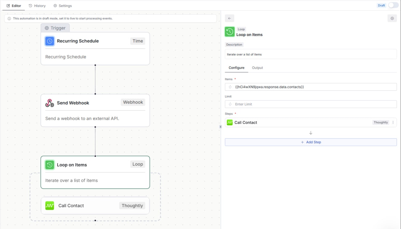 Overall automation layout — Recurring Schedule trigger at the top, then a Send Webhook step, a Loop on Items step, and finally a Call Contact step inside the loop.
