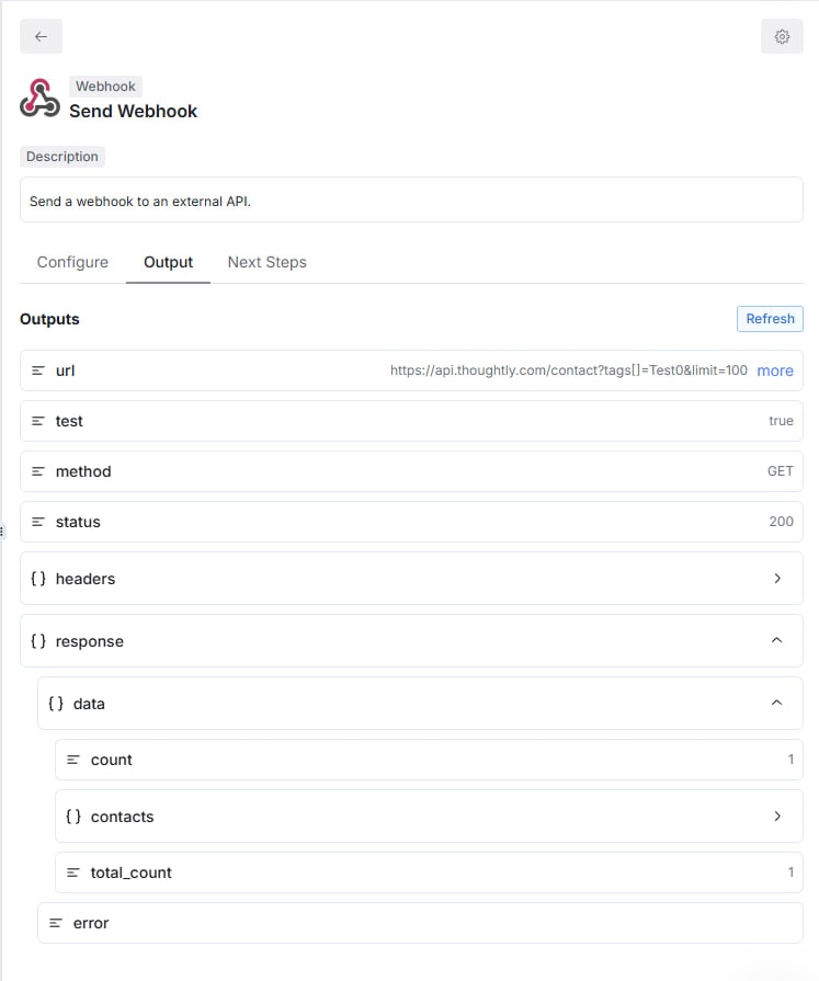 Output tab of the Send Webhook step — note the status: 200 and the response.data.contacts payload.