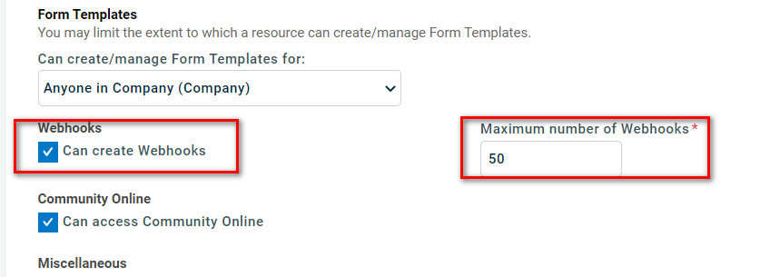 Can create Webhooks setting with maximum set to 50