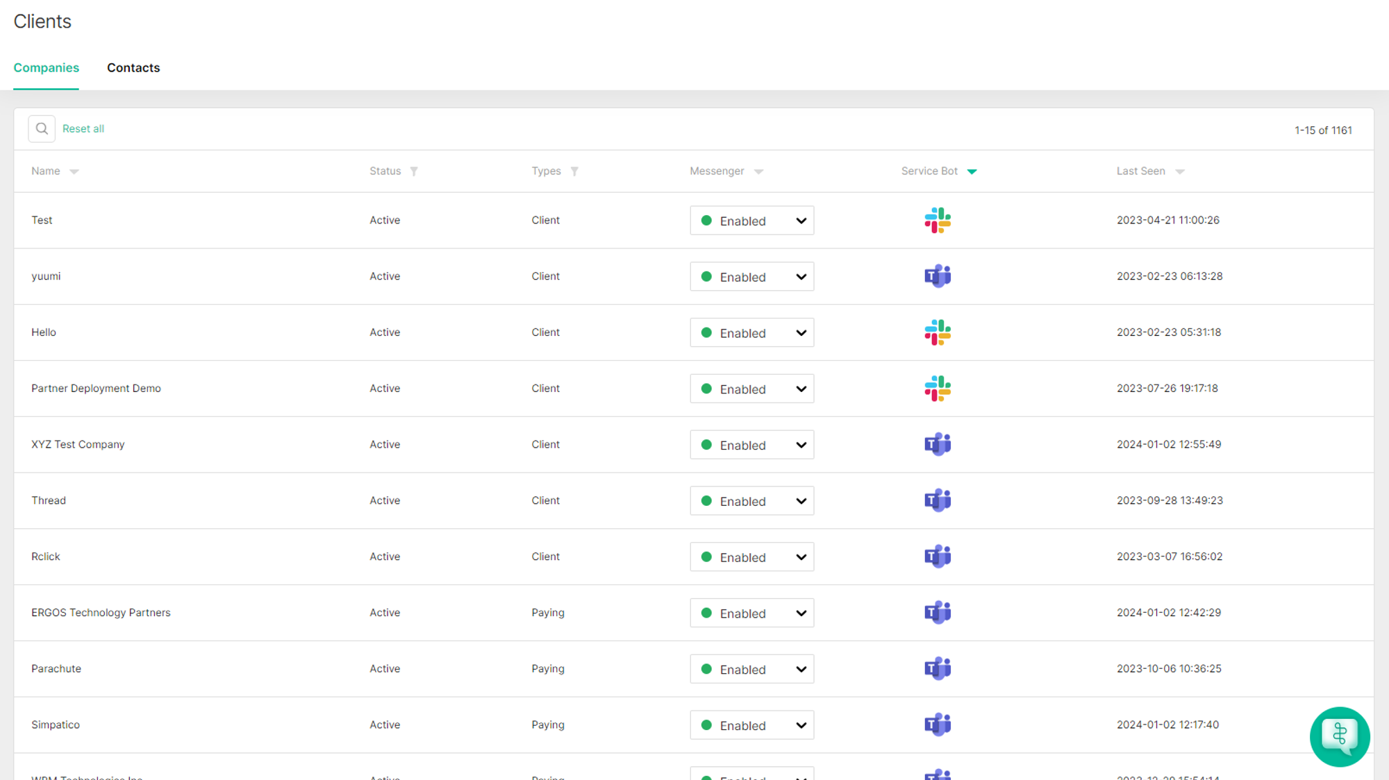 The Clients tab listing PSA-synced companies