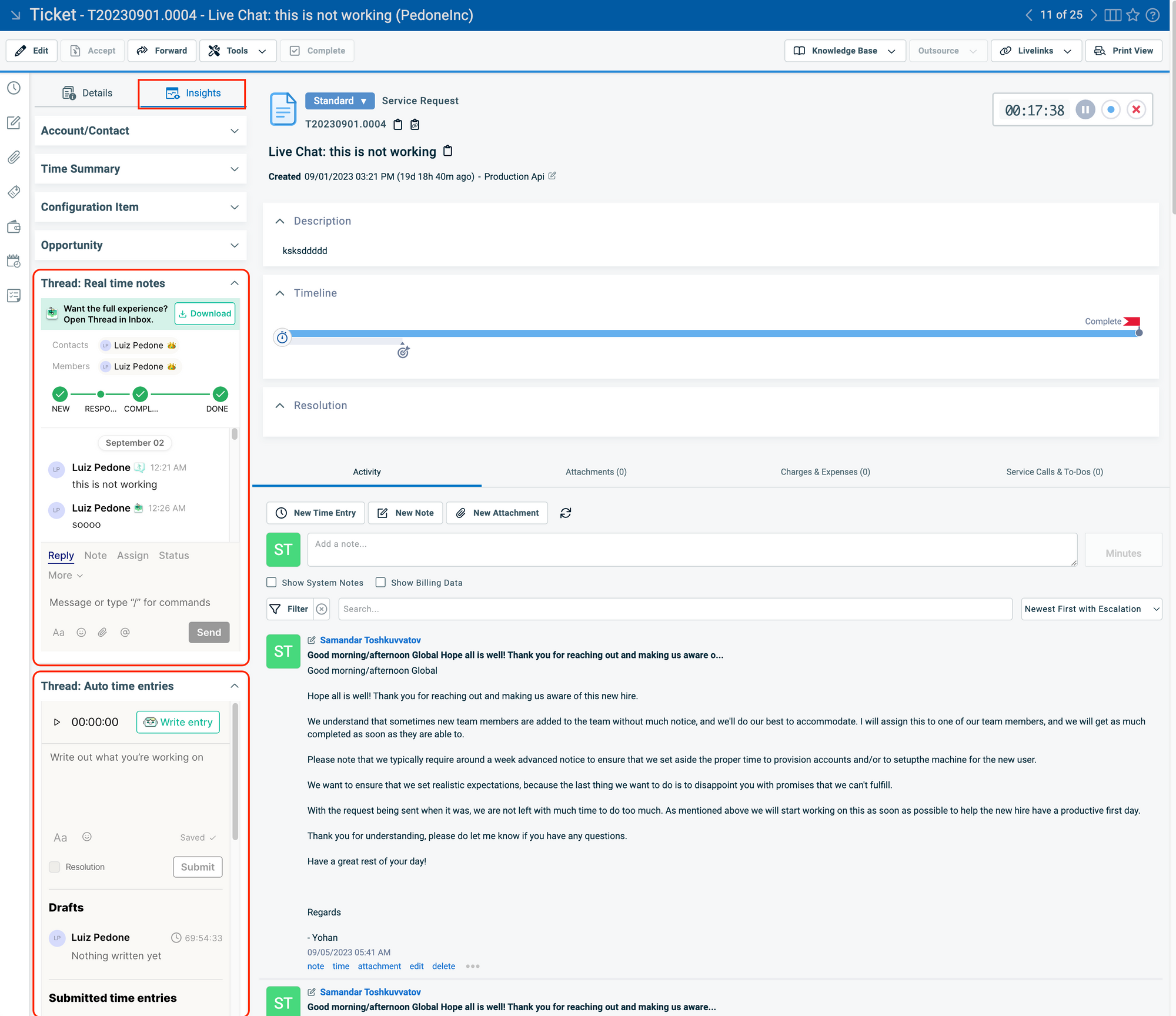 Thread insights shown on the Autotask ticket screen