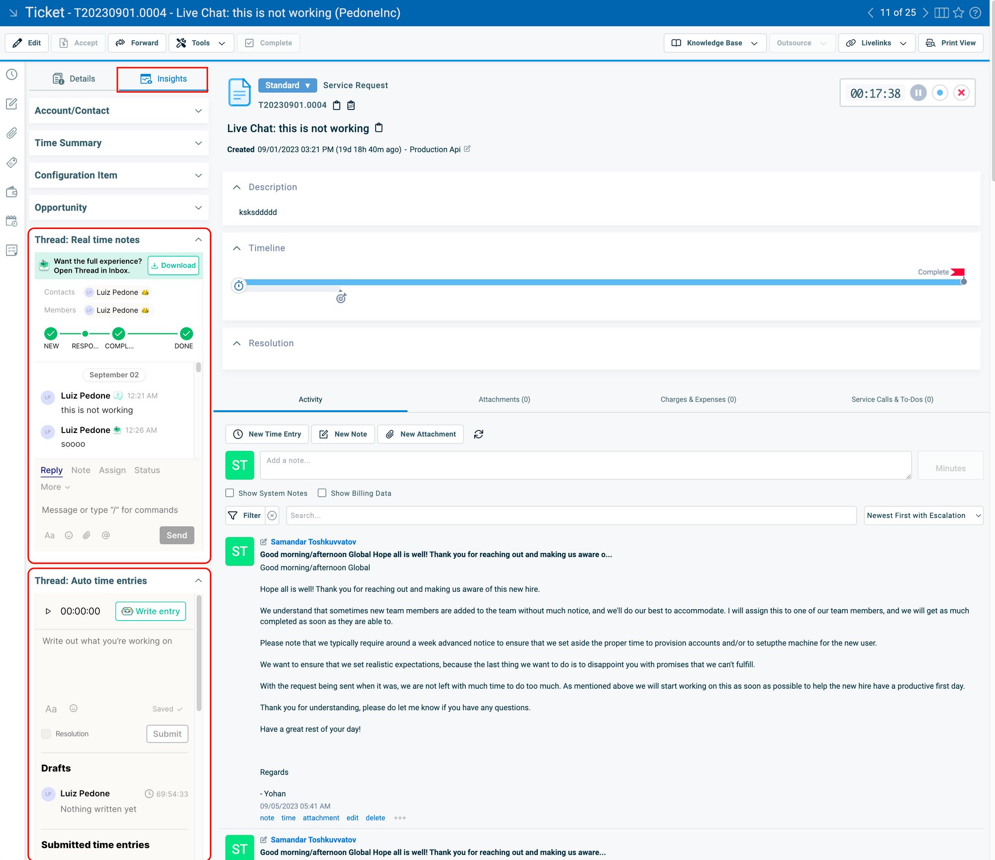 Thread insights shown on the Autotask ticket screen