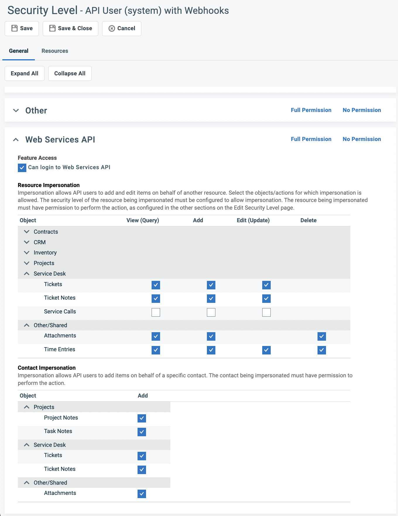 Resource and Contact Impersonation permissions under Web Services API