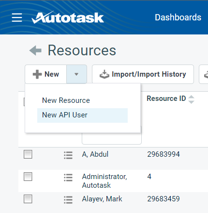 New API User option in the New button dropdown