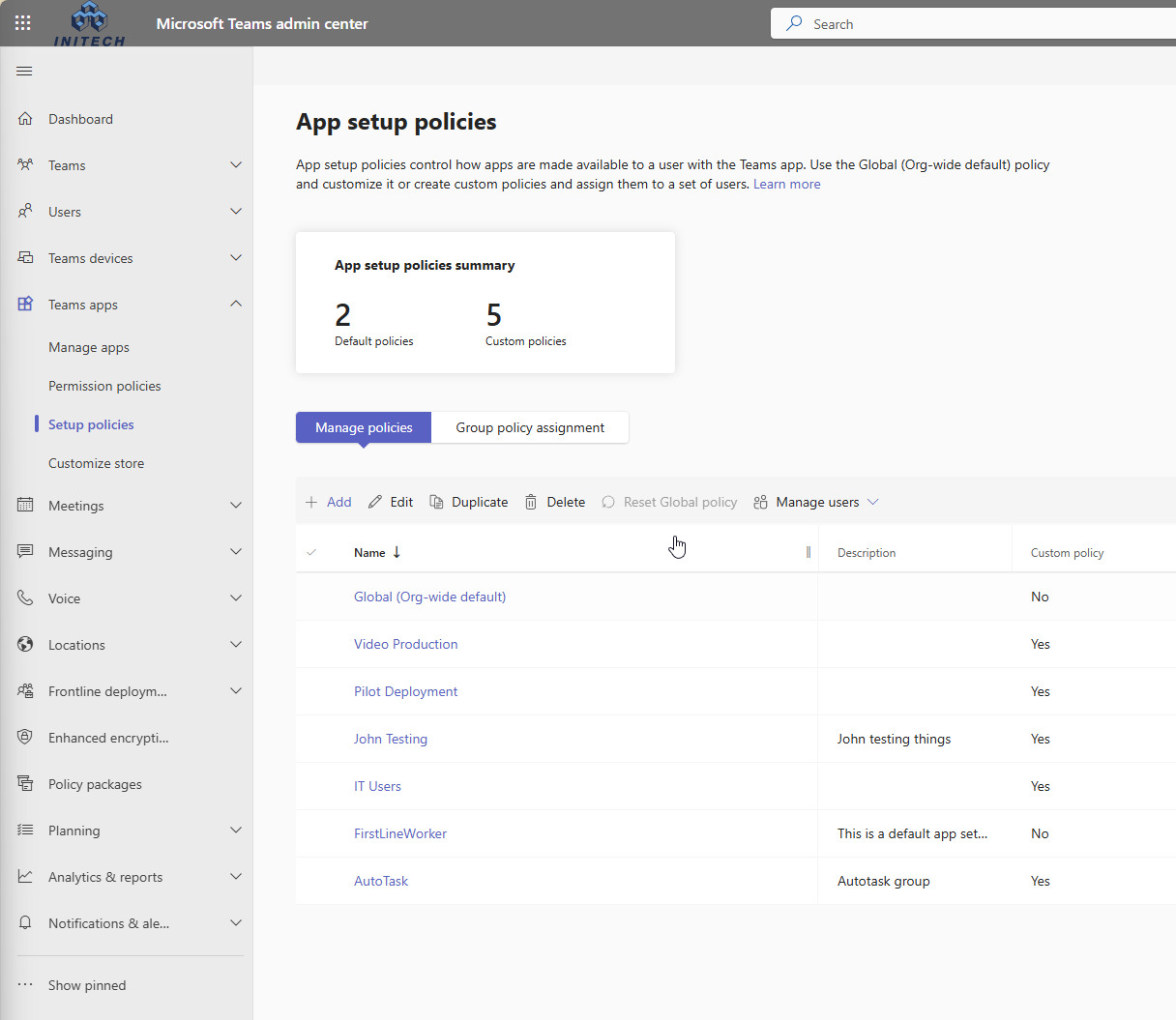 Teams setup policies list with the option to add a new policy