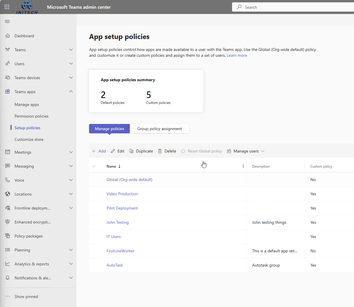 Teams setup policies list with the option to add a new policy