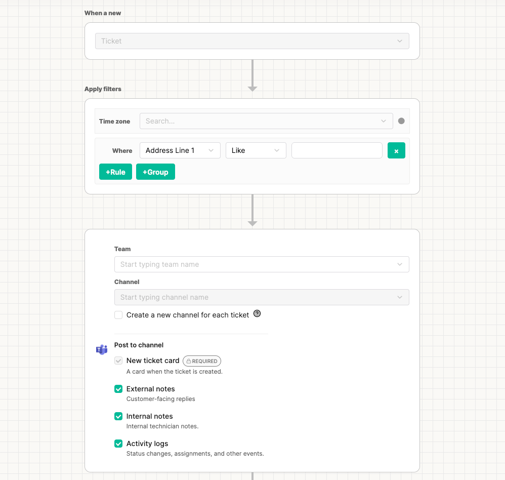 Post to channel settings in a flow, showing New ticket card required and toggles for External notes, Internal notes, and Activity logs.