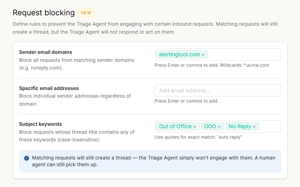 Request blocking settings in the Triage Agent, showing sender email domains, specific email addresses, and subject keywords fields.