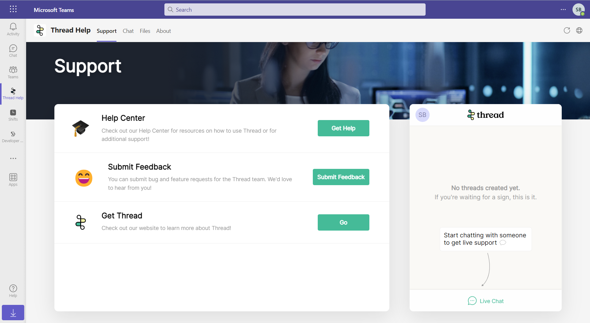 Thread Messenger embedded as a tab inside Microsoft Teams for an end customer
