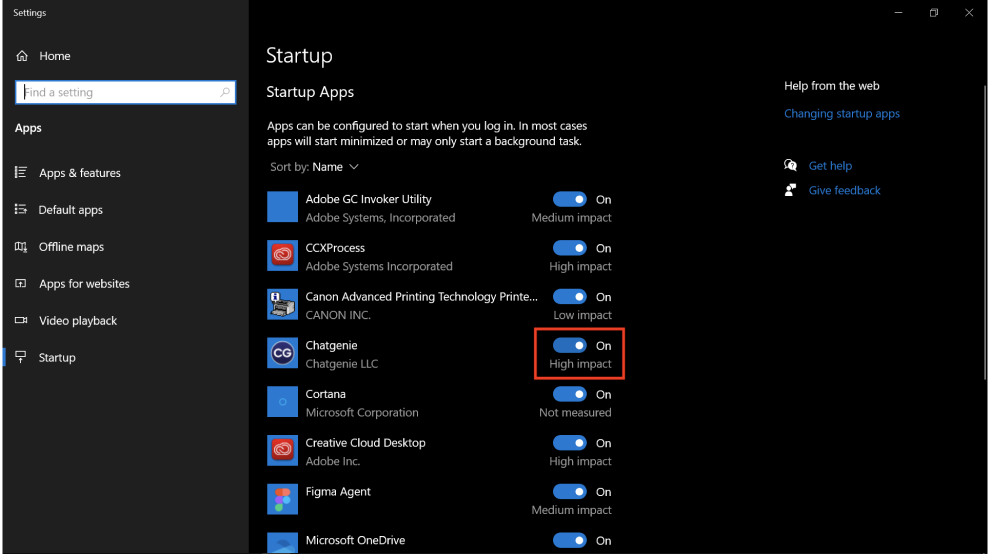 Task Manager Startup tab with the Messenger entry