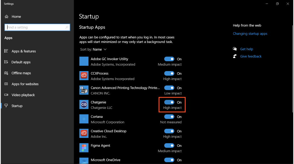 Task Manager Startup tab with the Messenger entry