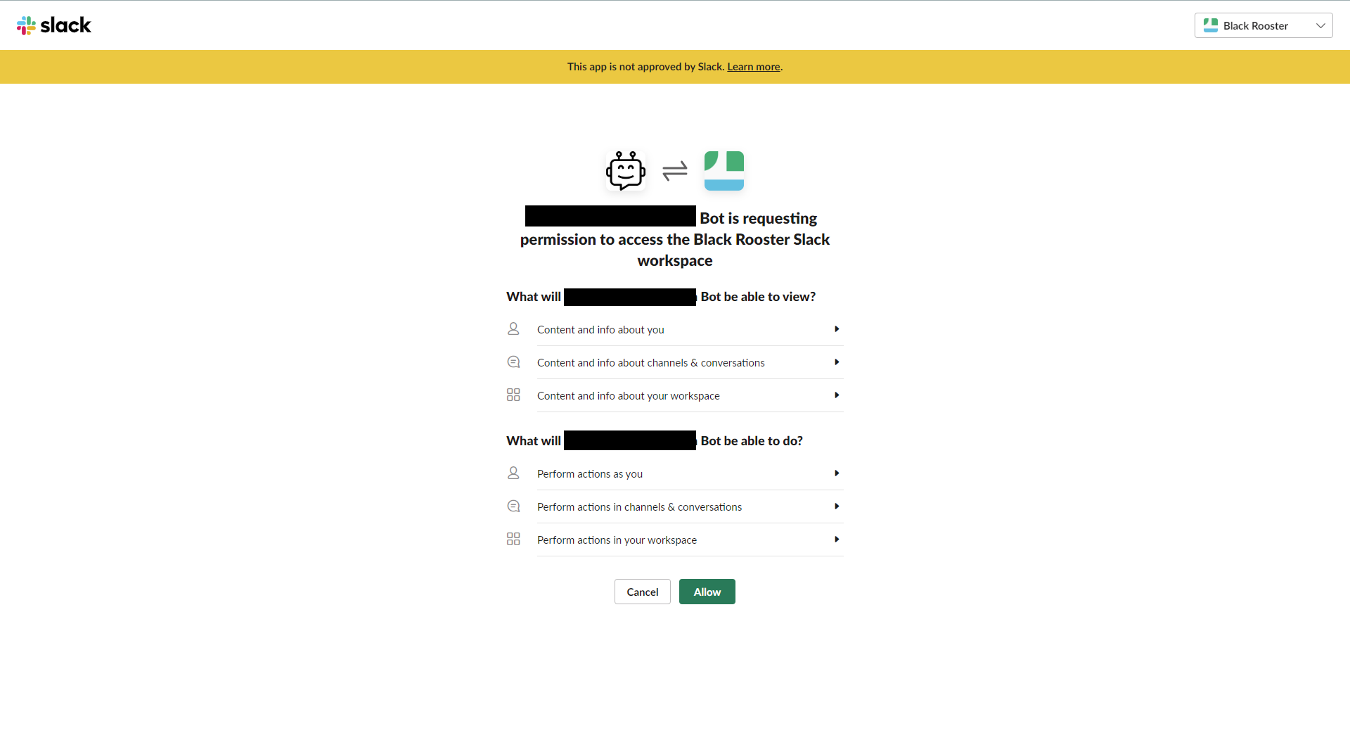 Slack permission prompt for a custom branded app