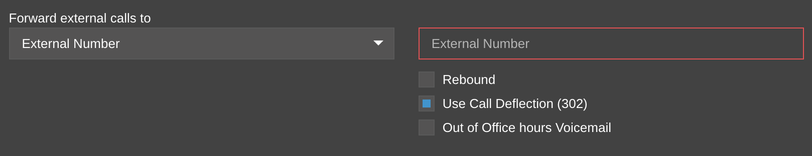 3CX Destinations panel with Forward external calls to set to External Number and Use Call Deflection (302) checked