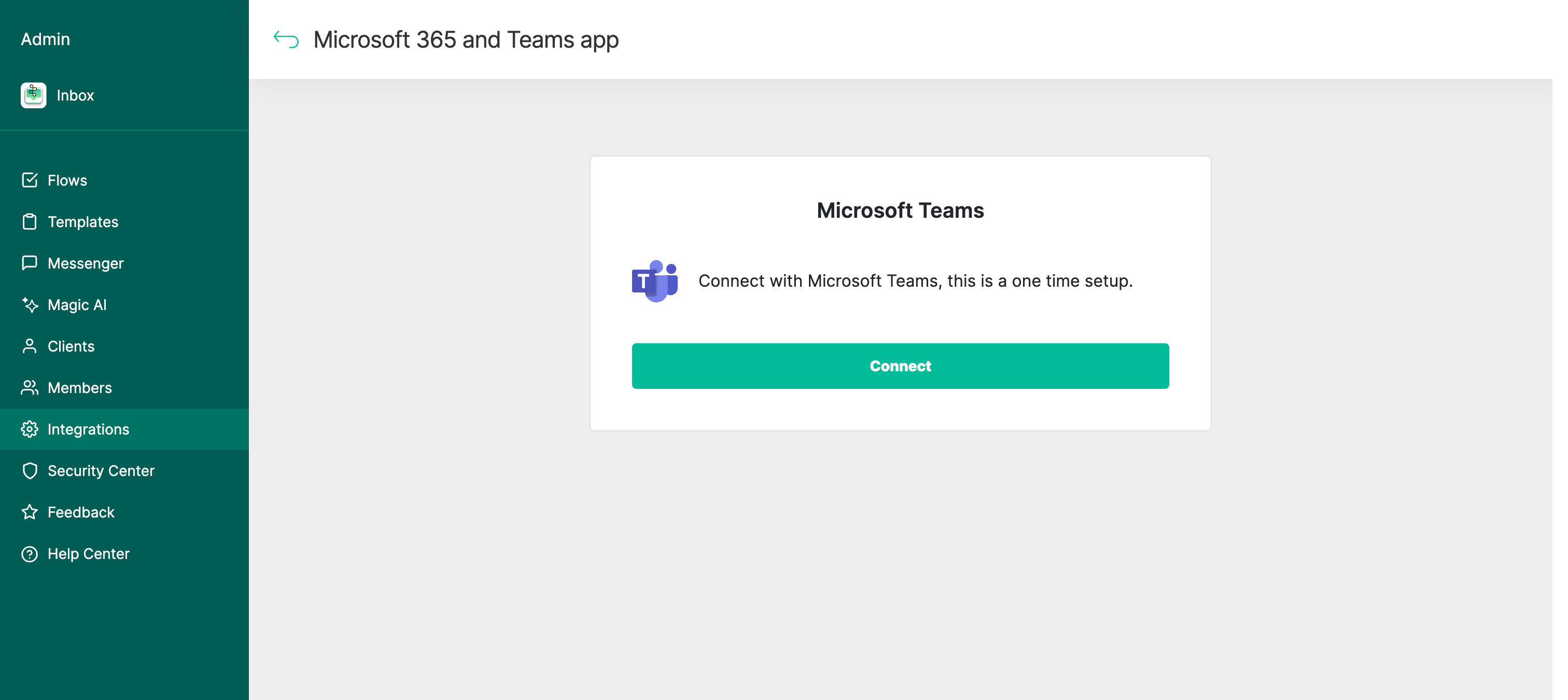 Connect button on the Microsoft 365 and Teams integration panel