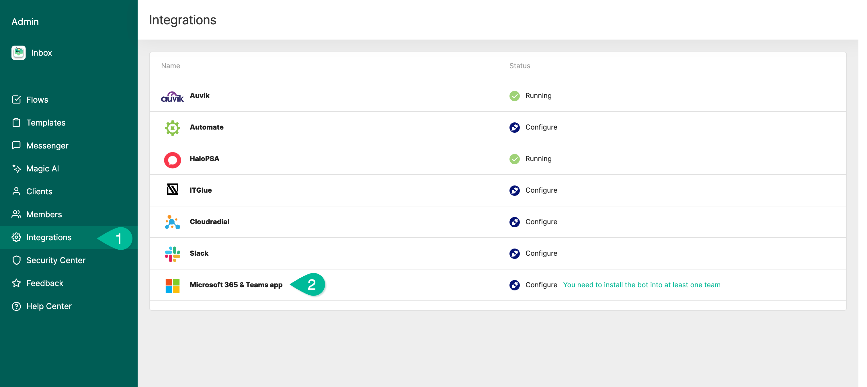 Microsoft 365 and Teams app tile on the Integrations page of the Thread Admin Panel