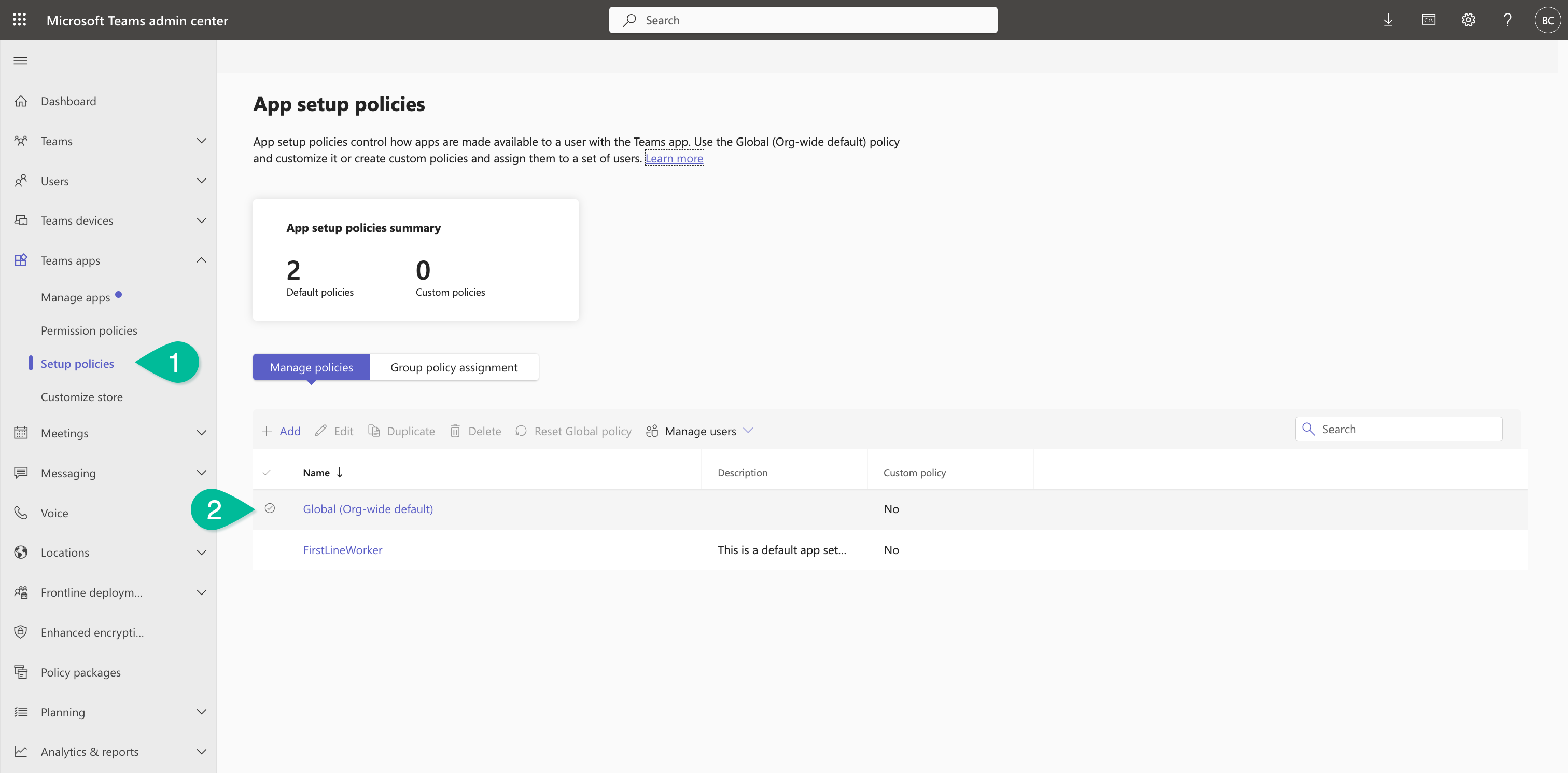 Global org-wide default setup policy in the Teams admin center