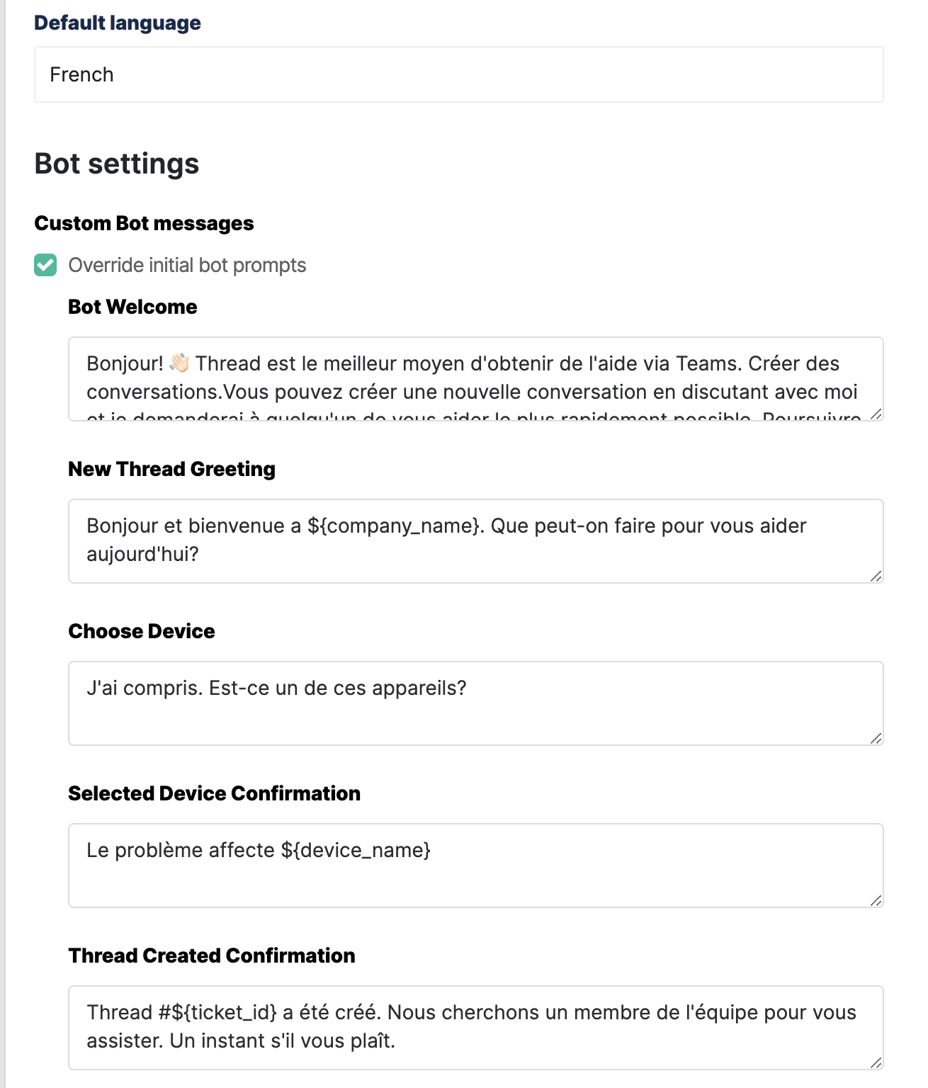 Initial bot prompts shown in French after switching the default language