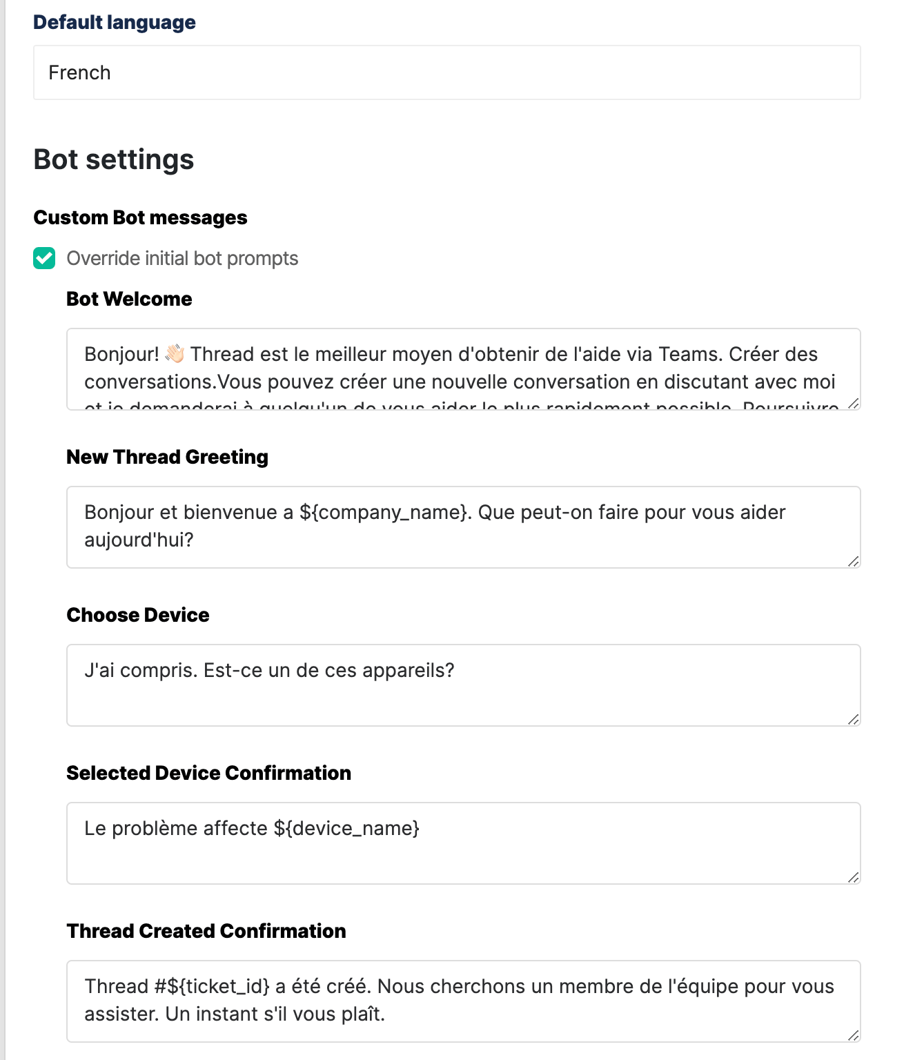 Initial bot prompts shown in French after switching the default language
