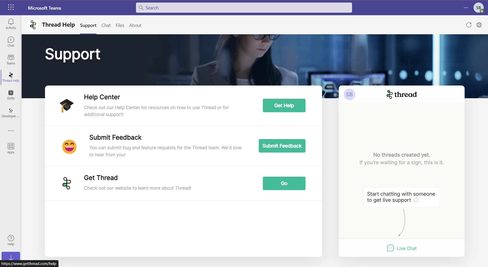 The deployed Thread service app pinned in a customer's Microsoft Teams sidebar