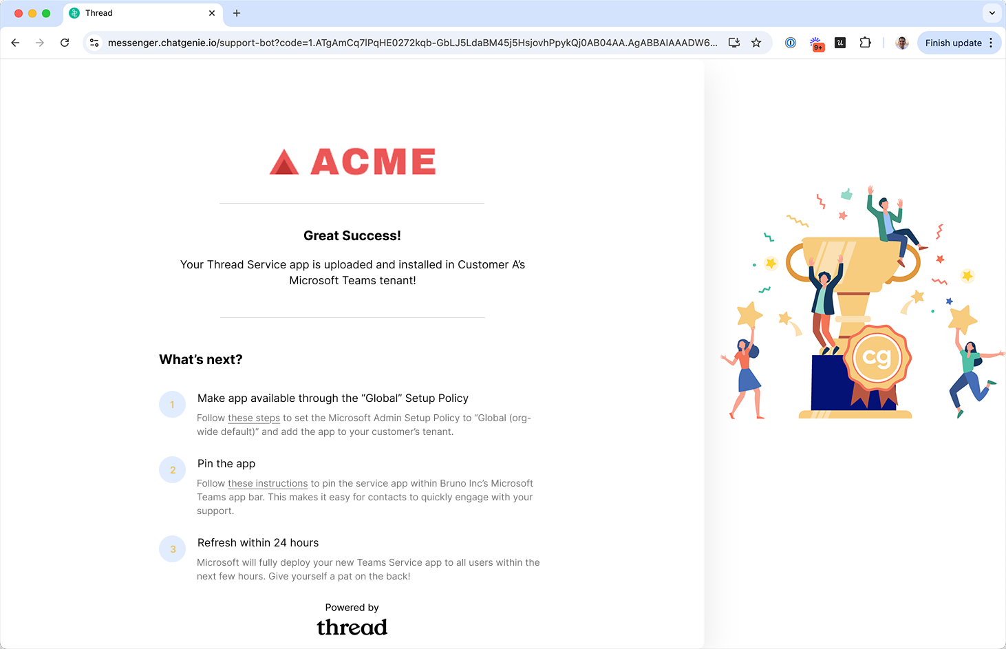 Confirmation screen showing the Teams app uploaded and installed successfully