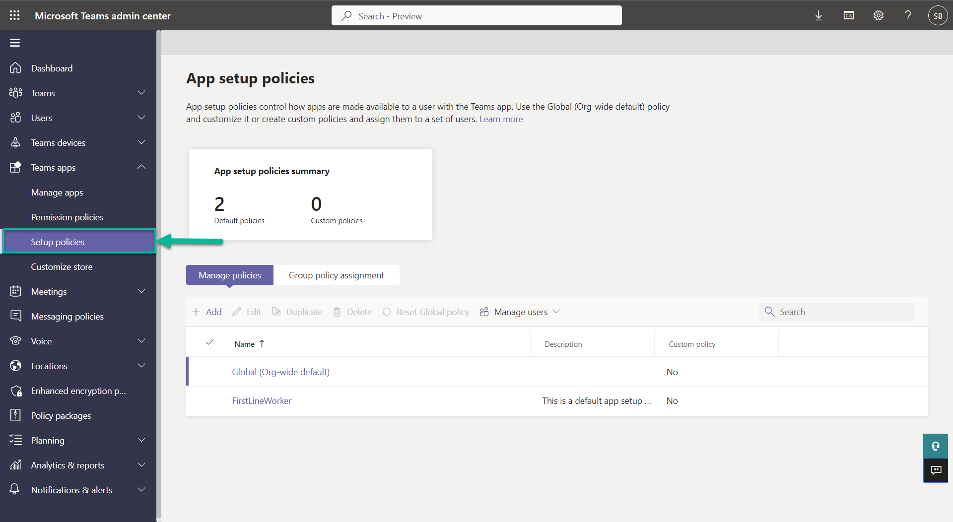 Setup policies list under Teams apps in the Teams admin center