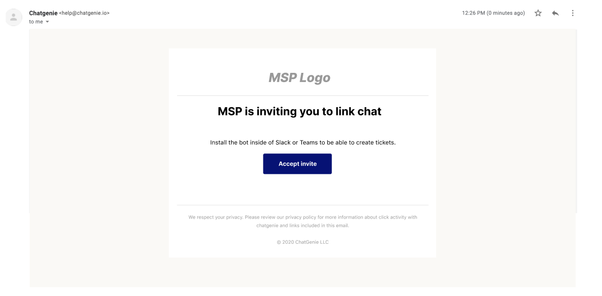 Email a customer admin receives to link their Slack workspace