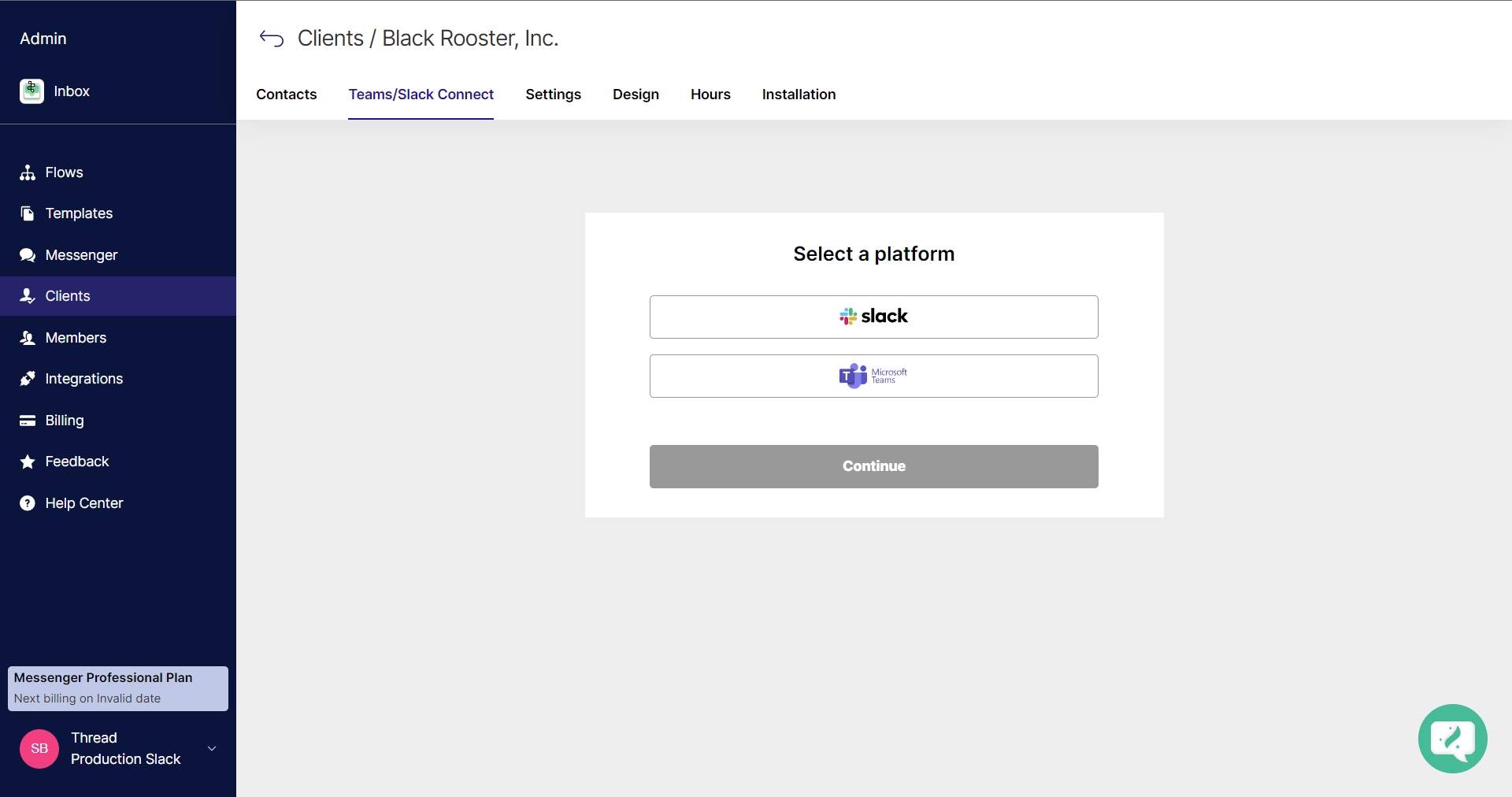 Teams and Slack Connect tab for the test client