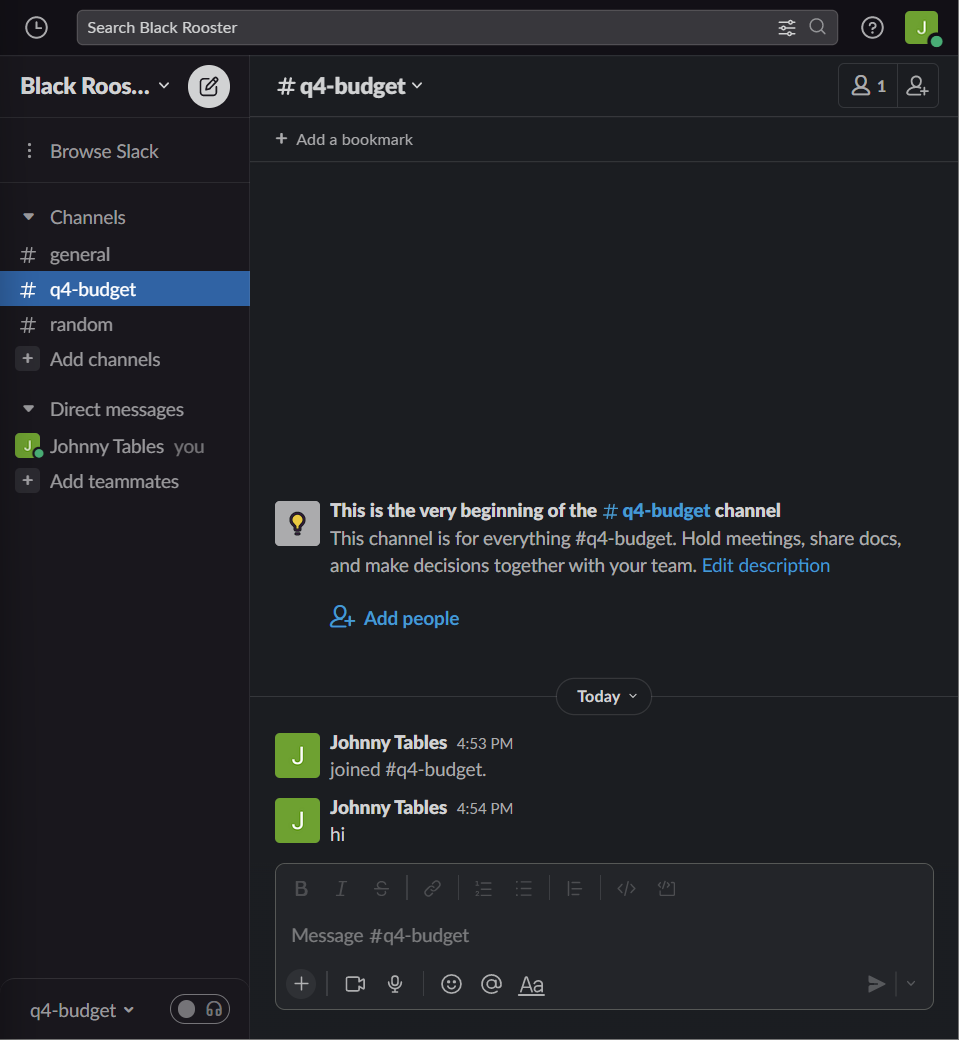 Newly created Slack sandbox workspace