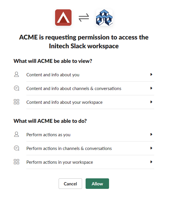 Slack permission screen showing the target workspace with an Allow button