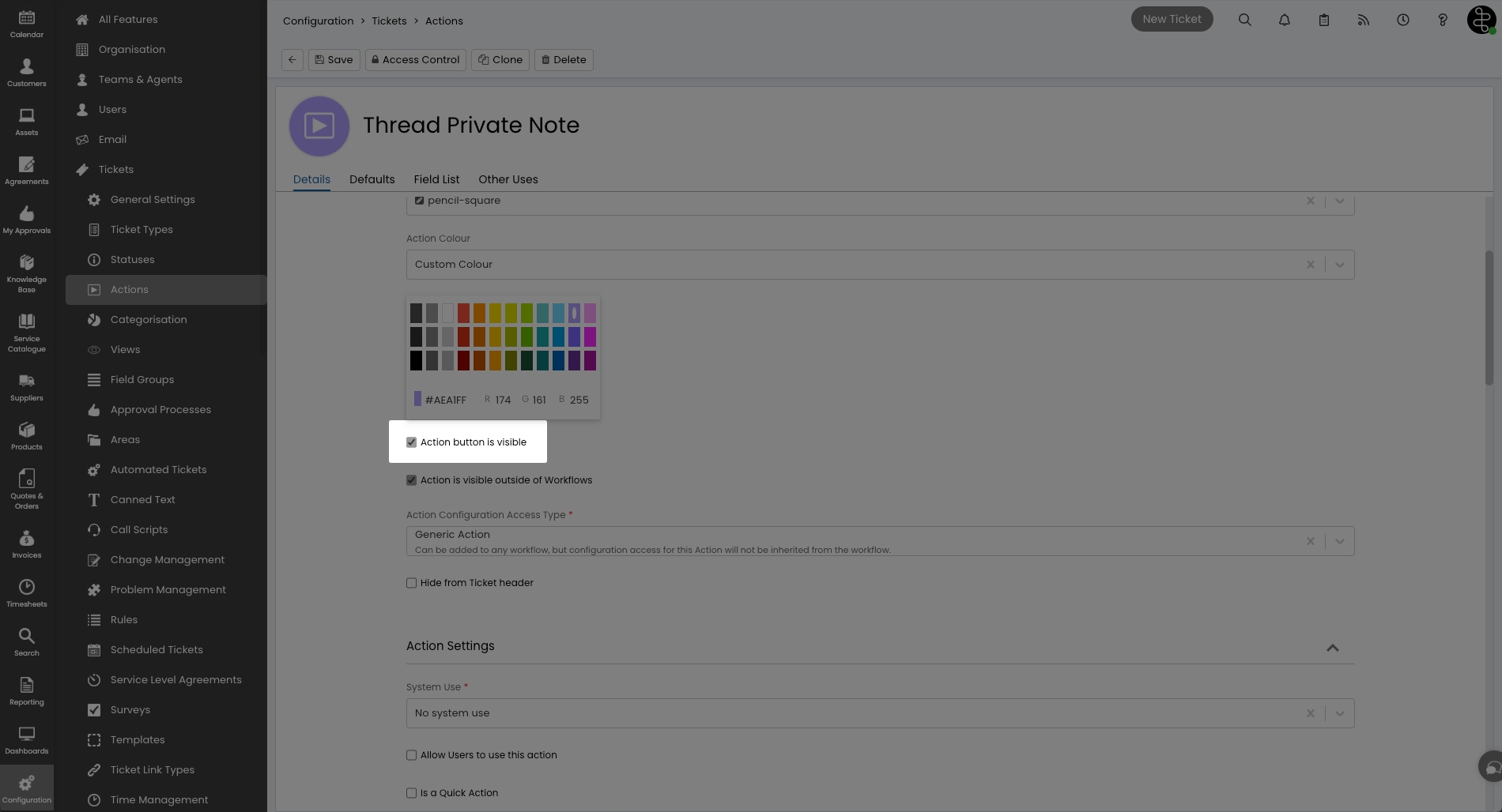 Action button is visible checkbox in HaloPSA