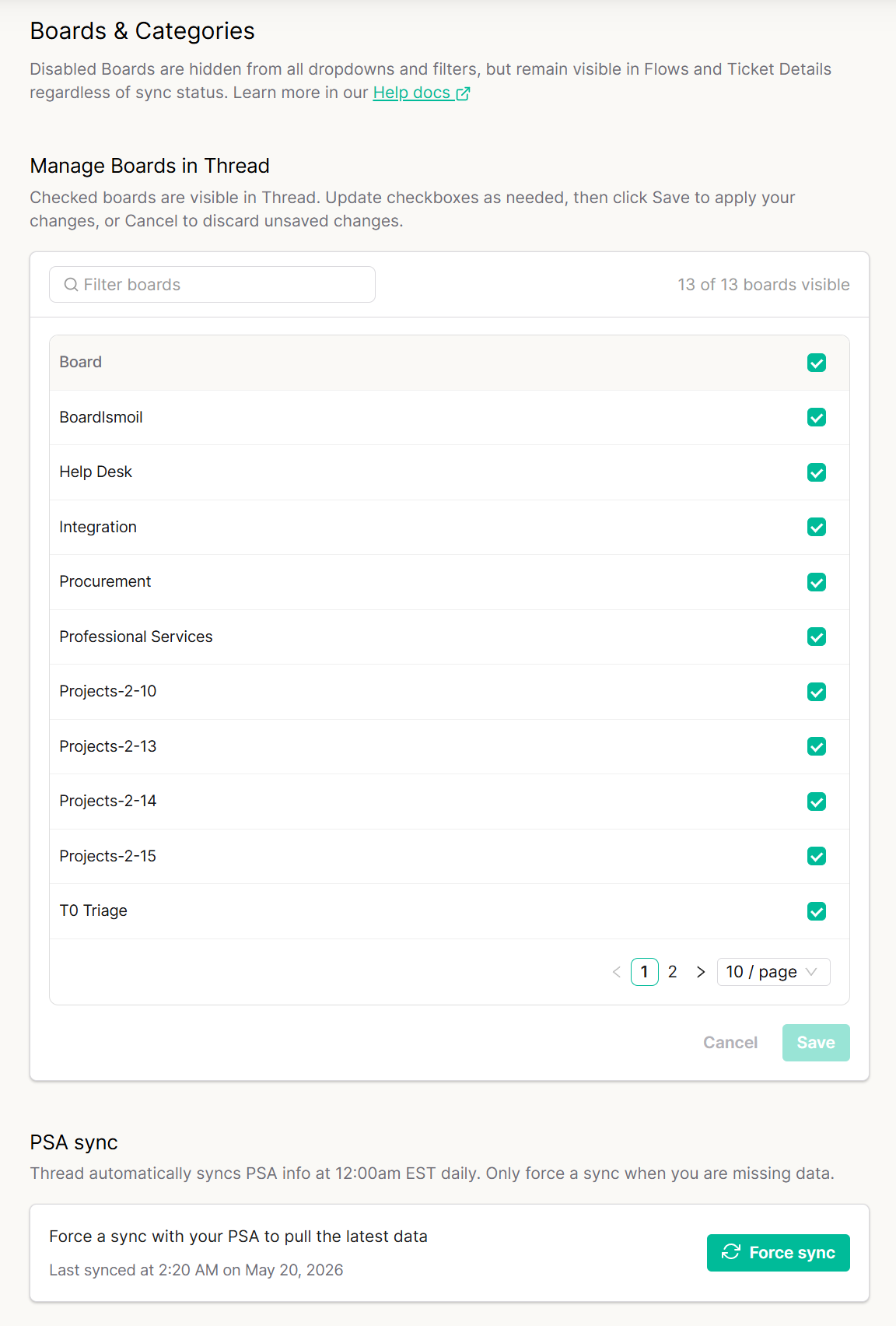 Boards & Categories sync management with board checkboxes