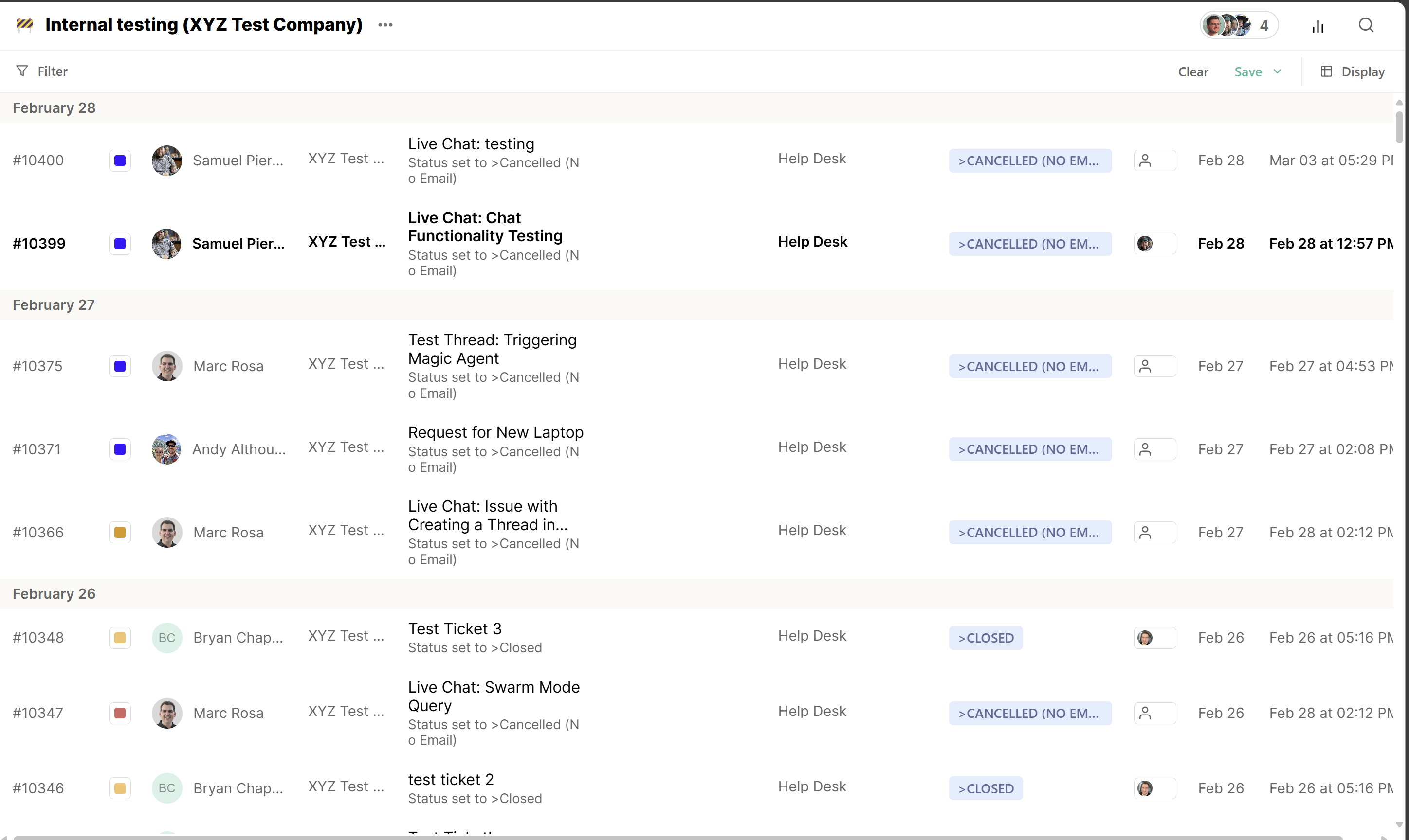 List view of tickets