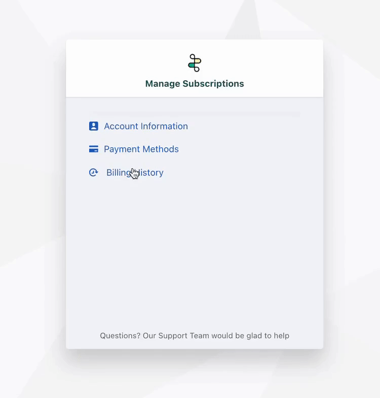 Animated walkthrough of managing billing, payment methods, and subscription details in the portal
