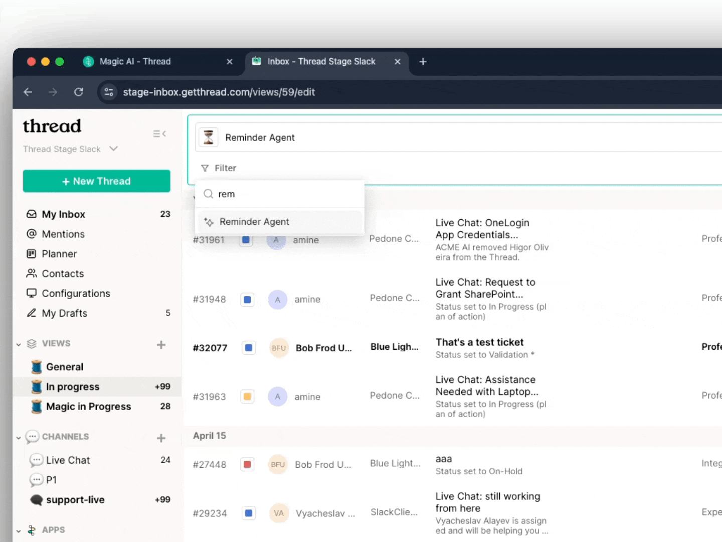 Filtering threads by Reminder Agent status in Inbox Views
