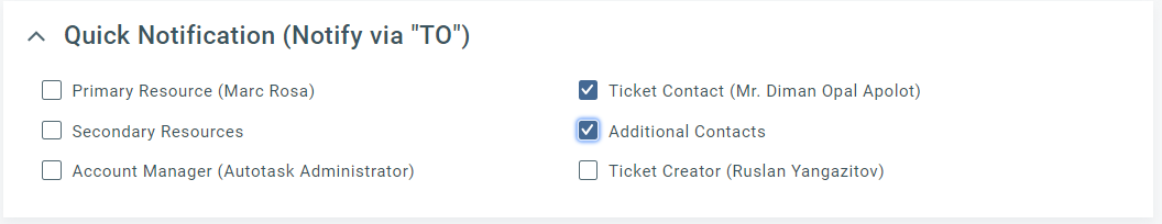 Autotask Quick Notification (Notify via TO) toggle on a ticket note