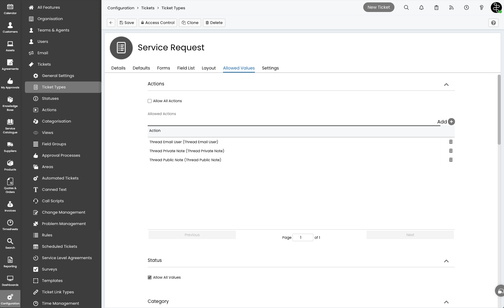 Allowed Values tab on a HaloPSA ticket type