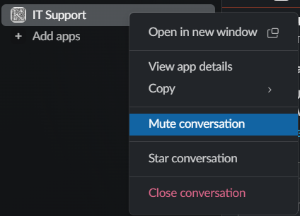Muting the conversation with the Slack service bot