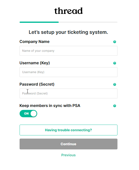 Thread Autotask integration credentials web form