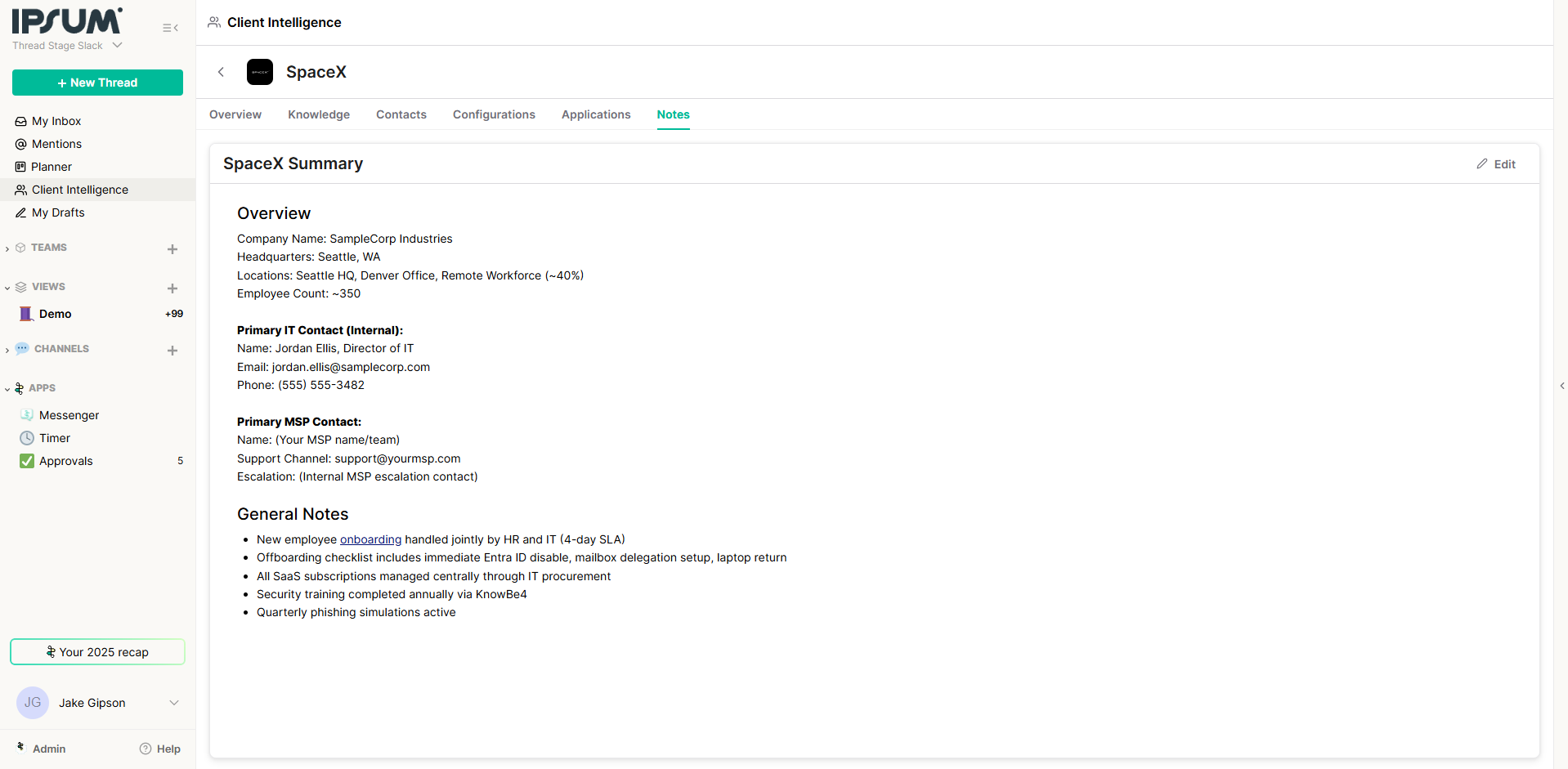 Client Notes section for static knowledge