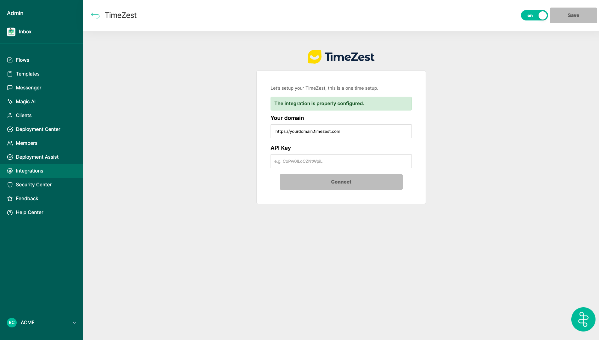 TimeZest integration connected in the Thread Admin Panel