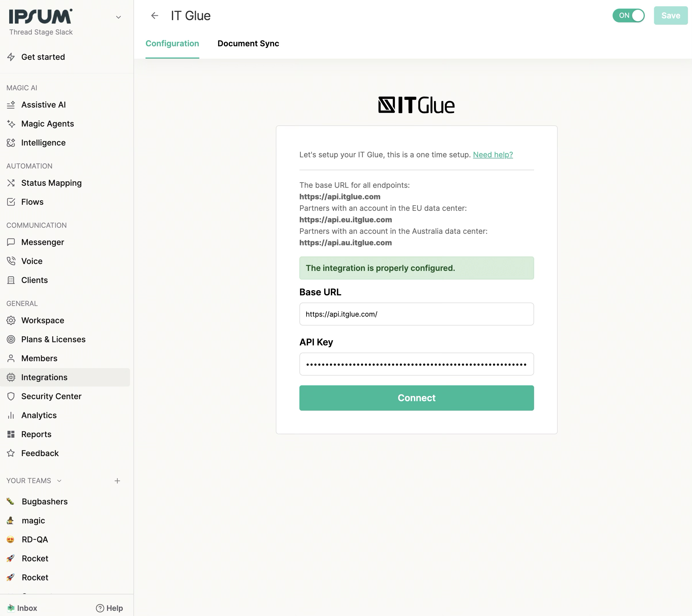 IT Glue Configuration tab showing a successful connection