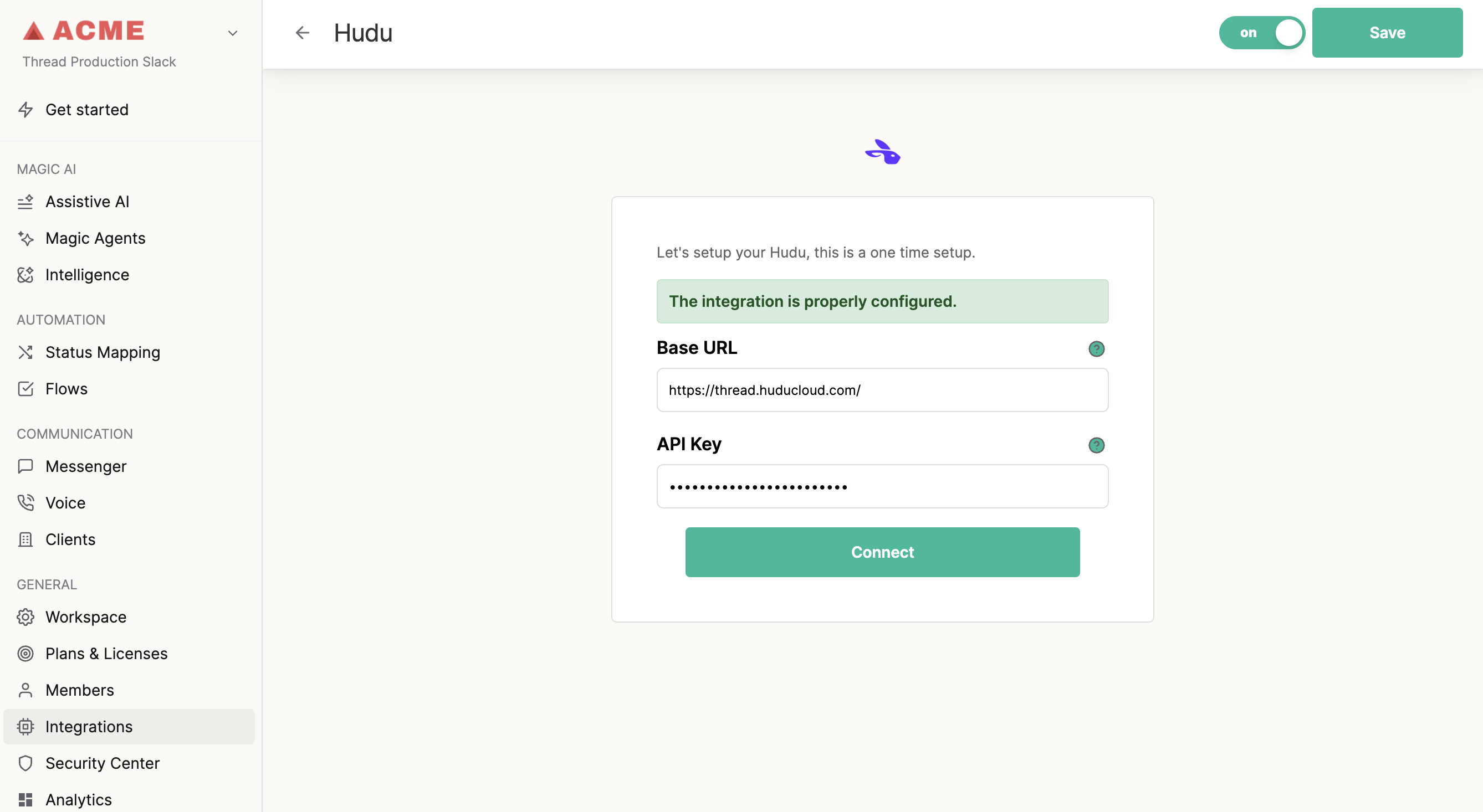 Entering the Hudu Base URL and API Key in Thread