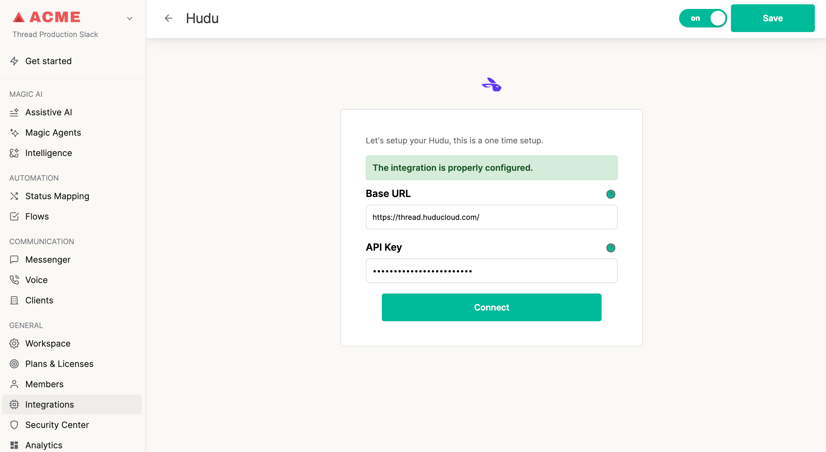 Entering the Hudu Base URL and API Key in Thread