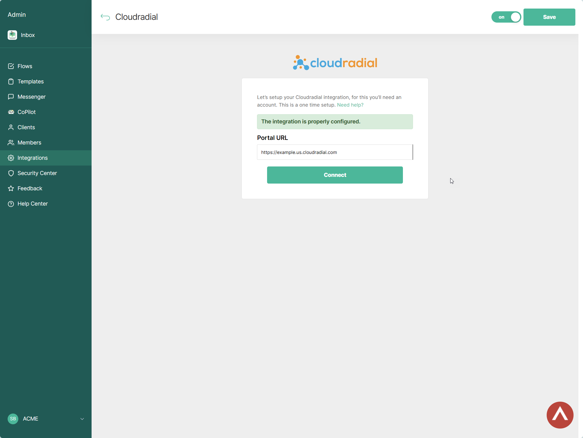 Entering the CloudRadial portal URL in Thread